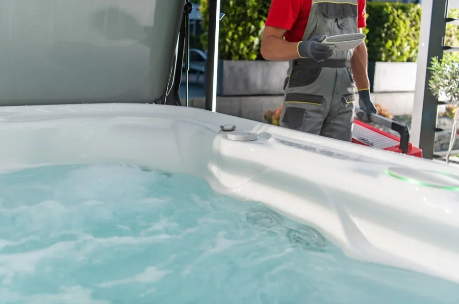 Couple sitting in a hot tub